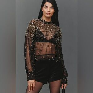 FARM RIO Mock Neck Sheer Embroidered Blouse